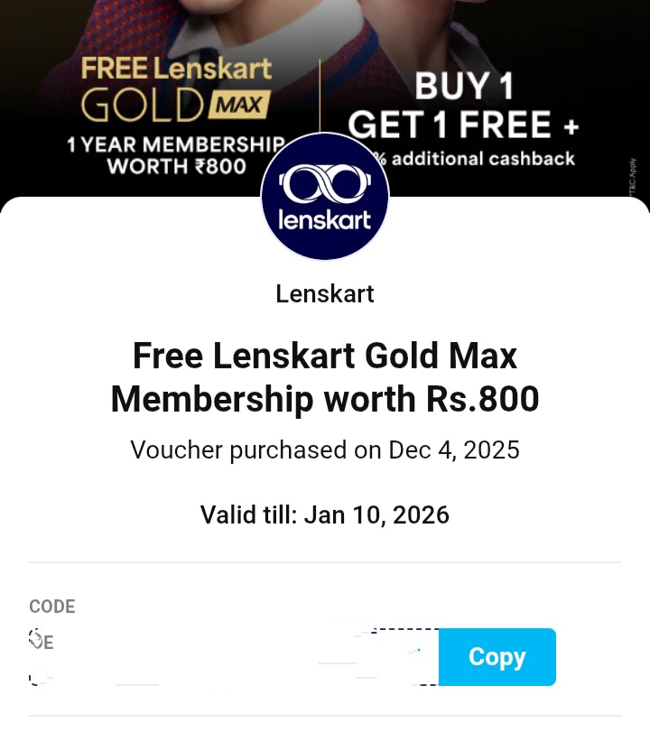 Lenskart Gold Max Membership ₹800 – Promo Code Lenskart Gold Max Membership Promo Code worth ₹800 – Unused